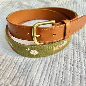 Green and Tan Needlepoint Golf Belt with Gold Buckle